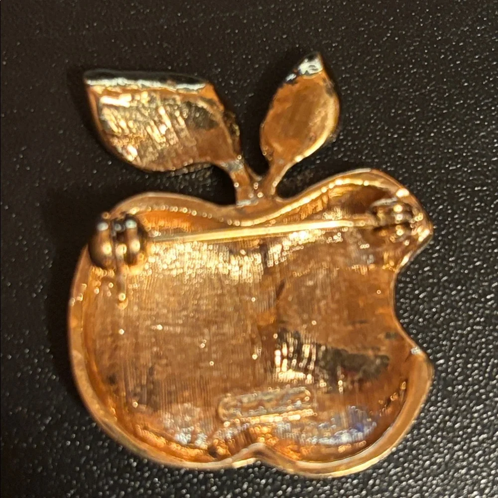 Vintage gold tone apple brooch w/ bite taken out silver tone bumpy texture